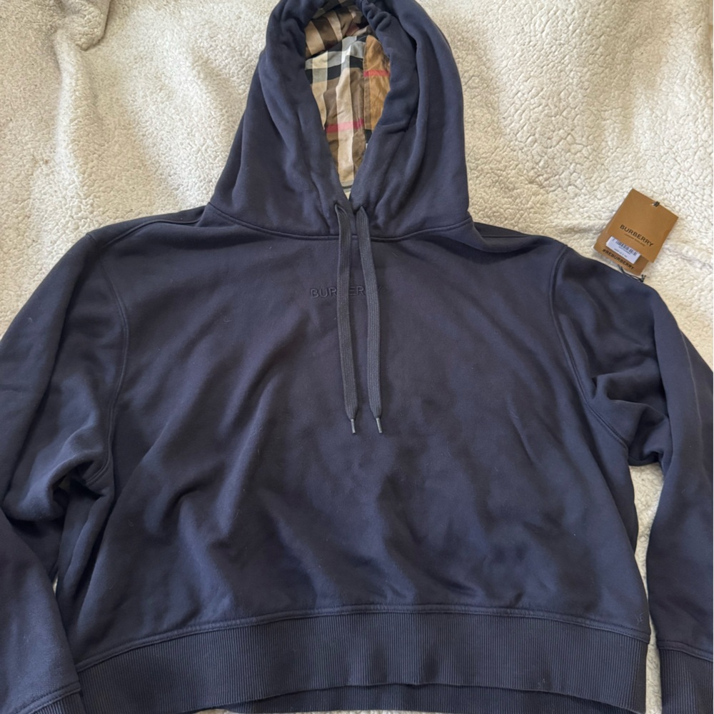 Burberry Navy Cropped Nova Check Logo Hoodie XL